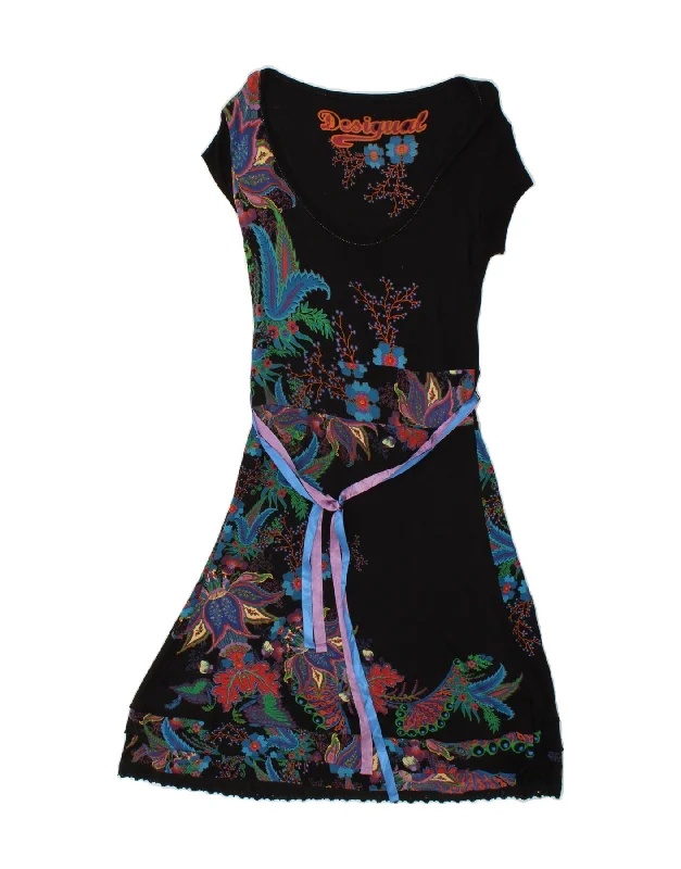 DESIGUAL Womens A-Line Dress UK 14 Large Black Floral Viscose Tunics Designer luxury