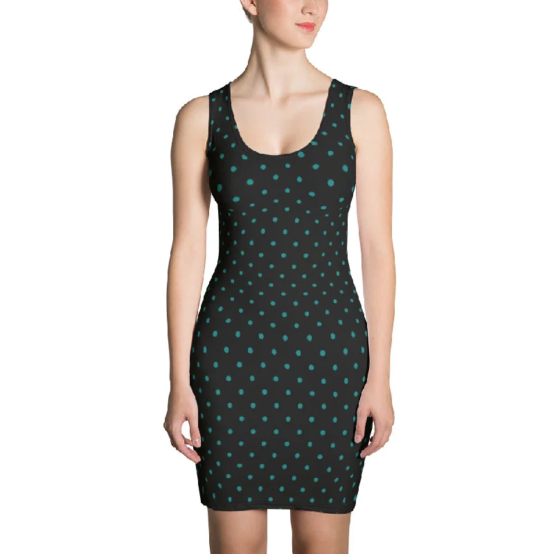 Black Teal Blue Dress, Classic Polka Dots Women's Sleeveless Crewneck Dress-Made in USA/EU Tunics Evening elegant Black Teal Blue Dress, Classic Polka Dots Women's Sleeveless Crewneck Dress-Made in USA/EU Tunics Evening elegant