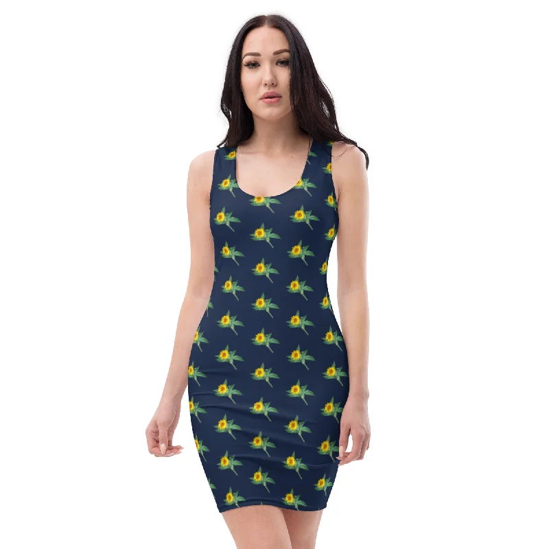 Dark Blue Sunflower Floral Dress, Sunflower Print Sleeveless Women's Dress - Made in USA/EU/MX Tunics Recommended stylist