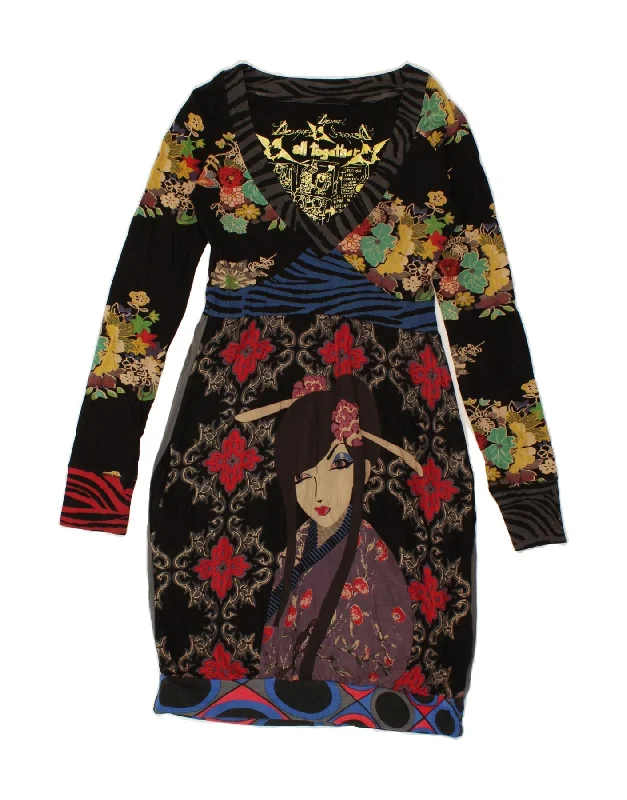 DESIGUAL Womens Abstract Pattern Graphic Bubble Dress UK 8 Small Black Cowl Neckline Elegant