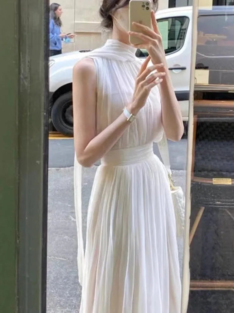 Wjczt Summer Women's 2-Piece Skirt Set Korea Style Fashion Sleeveless Halter Neck Slim White Dress Suit Fairy Female Clothes Solid empire Waist empire