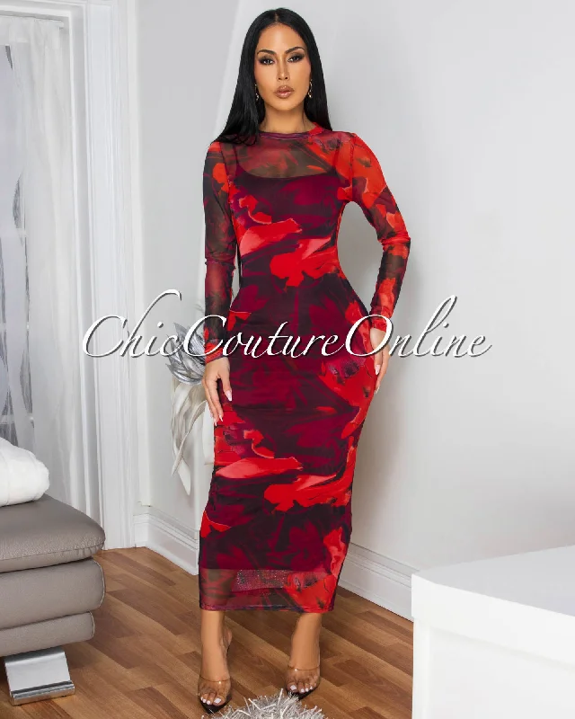 Loula Red Floral Print Mesh Long Sleeves Dress Tunics Cozy comfortable