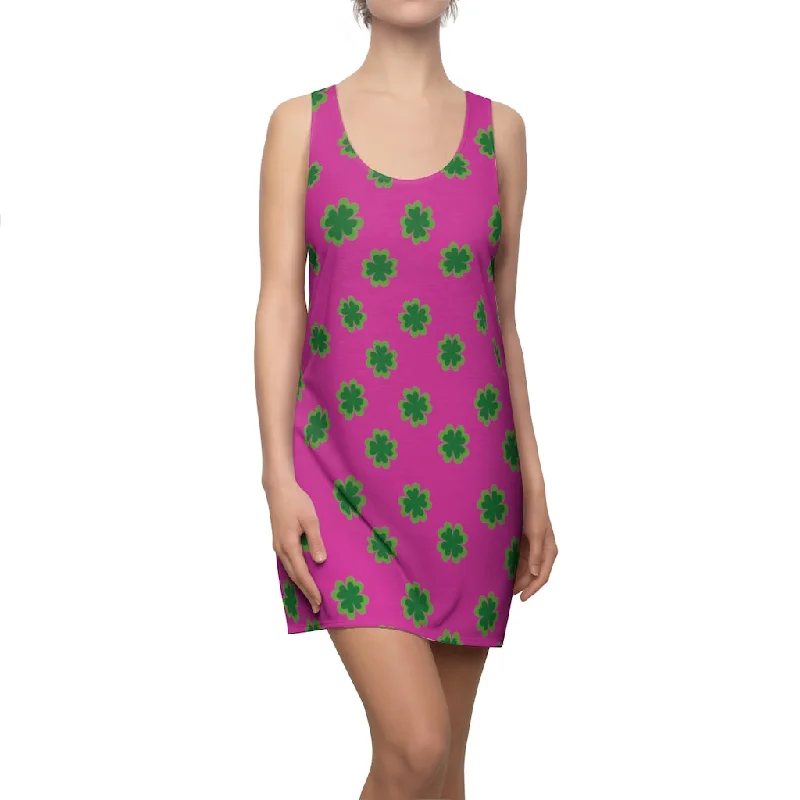 Hot Pink Green Clover Dress, Leaf Print St. Patty's Day Women's Racerback Dress-Made in USA Tunics Sophisticated sleek Hot Pink Green Clover Dress, Leaf Print St. Patty's Day Women's Racerback Dress-Made in USA Tunics Sophisticated sleek