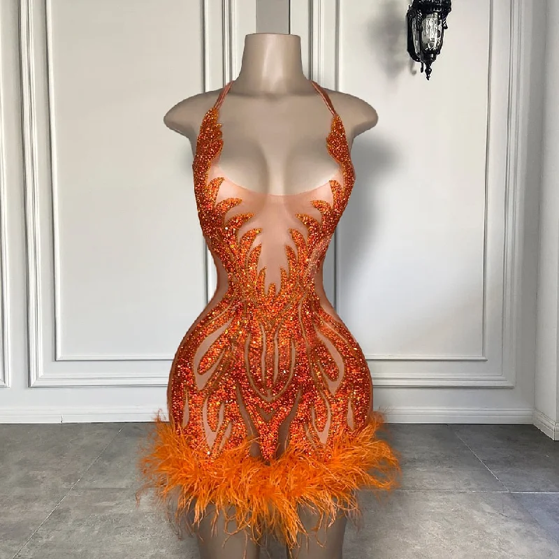 See Through Sexy Women Birthday Party Gowns Halter Sparkly Crystals African Black Girls Orange  Mini Short Prom Dresses 2023 Tunics Luxurious high-end