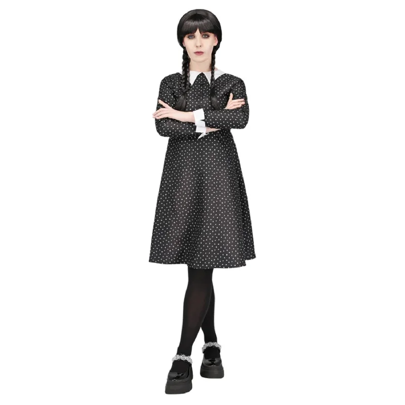 Ladies Gothic School Girl Spotty Fancy Dress Halloween Costume Maxi Flowy Bohemian