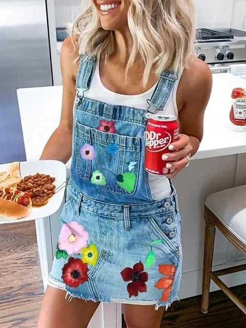 Women Fashion Casual Floral Printing Denim Suspender Dress Tunics Review highly