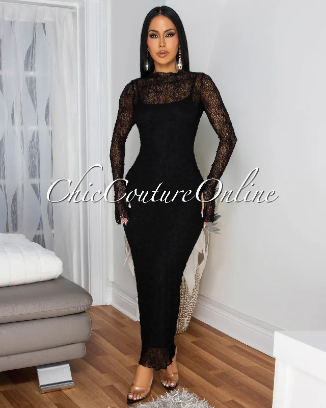 Engelie Black Lace Long Sleeves Dress Tunics Versatile functional