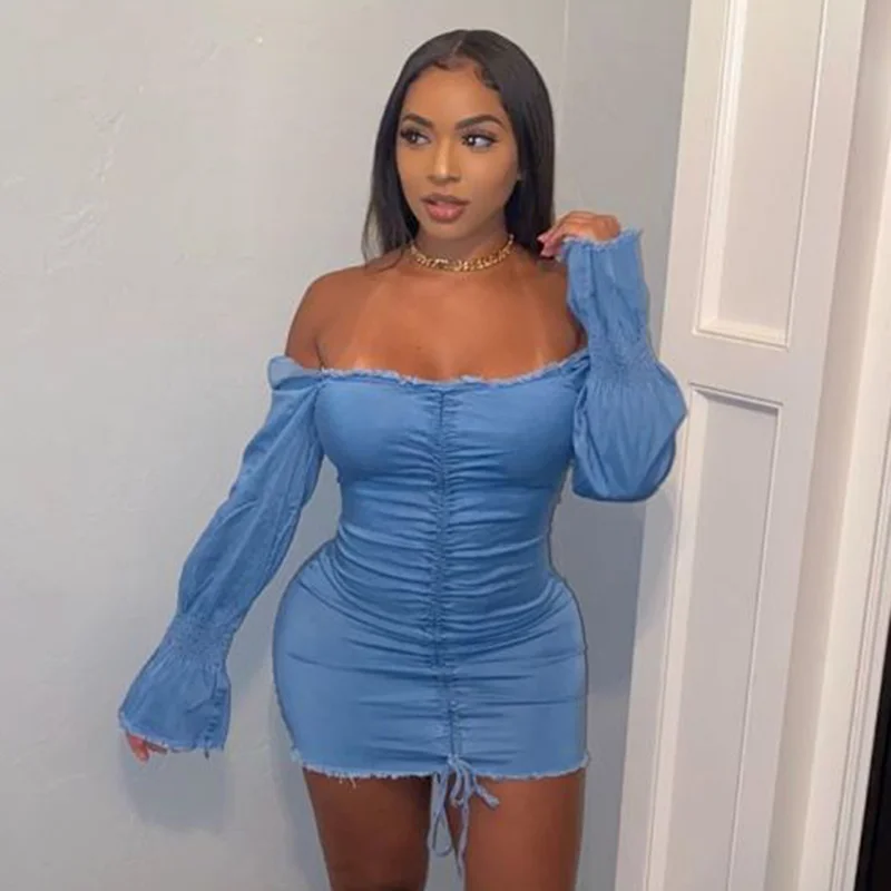 Women Basic Solid Color Denim Off-The-Shoulder Flared Long Sleeves Dress Bodycon Club Sequined Women Basic Solid Color Denim Off-The-Shoulder Flared Long Sleeves Dress Bodycon Club Sequined