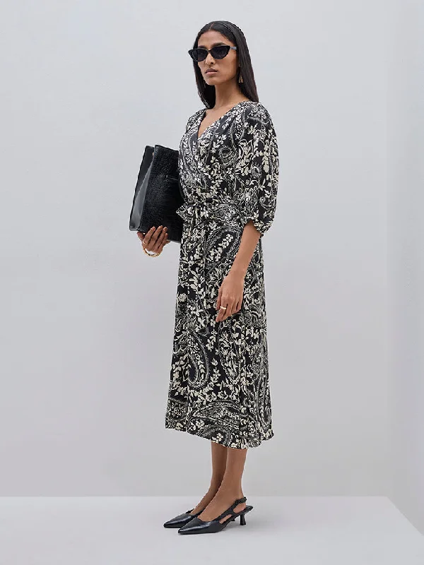 Wardrobe Black Floral Printed A-Line Dress with Belt Tunics Ceremony elegant