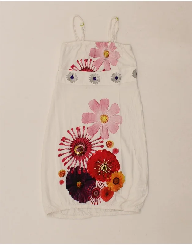 DESIGUAL Girls Bubble Dress 7-8 Years White Floral Cotton Tunics Yoga stretchy