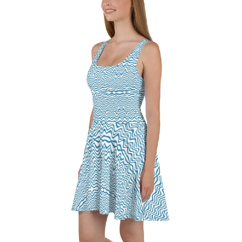 Blue Wavy Women's Skater Dress, Abstract Blue & White Colorful Waves Sleeveless Women's Dress-Made in USA/EU/MX Tunics Fleece cozy