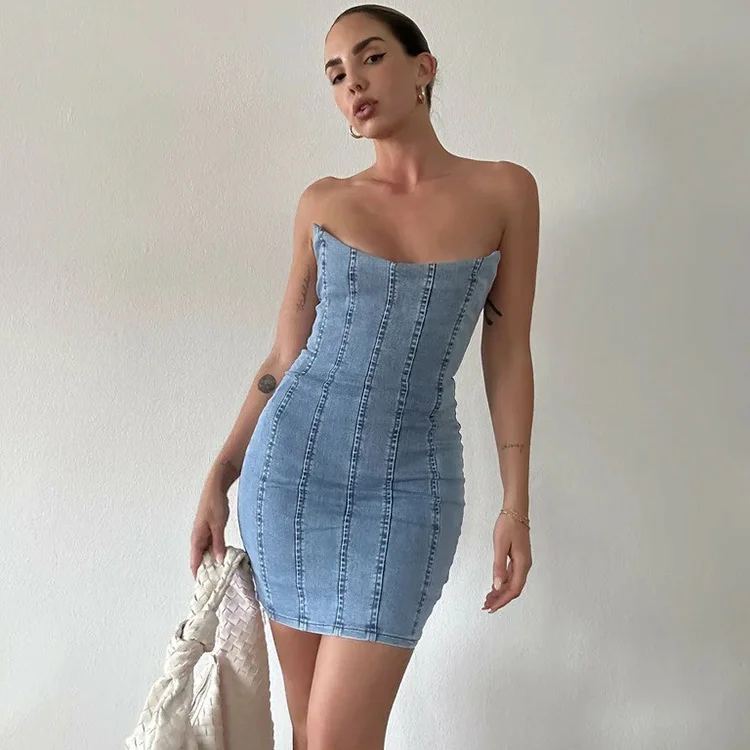 Women'S Sexy Bandeau Stitching Skinny Denim Tube Dress Tunics Trendy modern