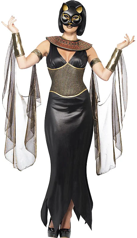 Ladies Bastet Cat Goddess Egyptian Halloween Fancy Dress Costume Tunics Polka dots