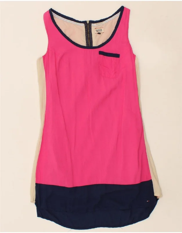 TOMMY HILFIGER Womens Sleeveless Basic Dress UK 6 XS Pink Colourblock sweetheart Neckline Romantic