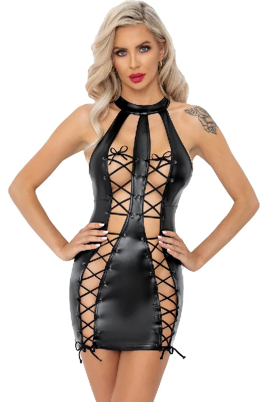 Noir handmade Double Lace-up Front Powerwetlook Dress Tunics Bestseller popular