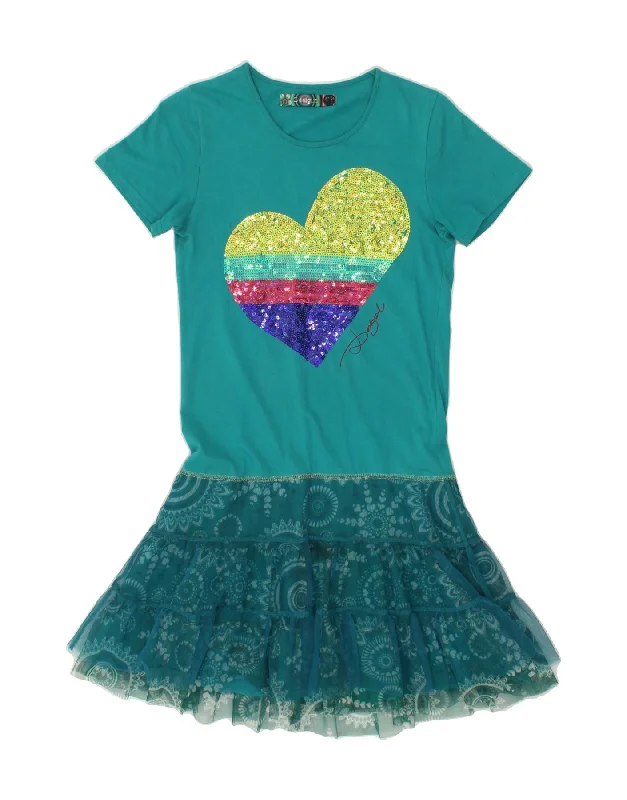 DESIGUAL Girls Graphic Drop Waist Dress 13-14 Years Turquoise Cotton Tunics Office stylish