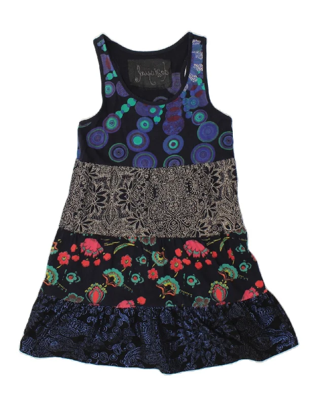 DESIGUAL Girls Sleeveless A-Line Dress 11-12 Years Navy Blue Floral Cotton Tunics Satin smooth DESIGUAL Girls Sleeveless A-Line Dress 11-12 Years Navy Blue Floral Cotton Tunics Satin smooth