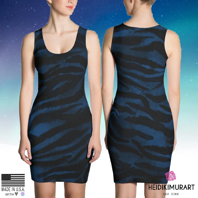 Navy Blue Tiger Striped Dress, Best Royal Navy Blue Black Women's Tiger Striped 1-pc Animal Print Dress- Made in USA/EU Tunics Running lightweight Navy Blue Tiger Striped Dress, Best Royal Navy Blue Black Women's Tiger Striped 1-pc Animal Print Dress- Made in USA/EU Tunics Running lightweight
