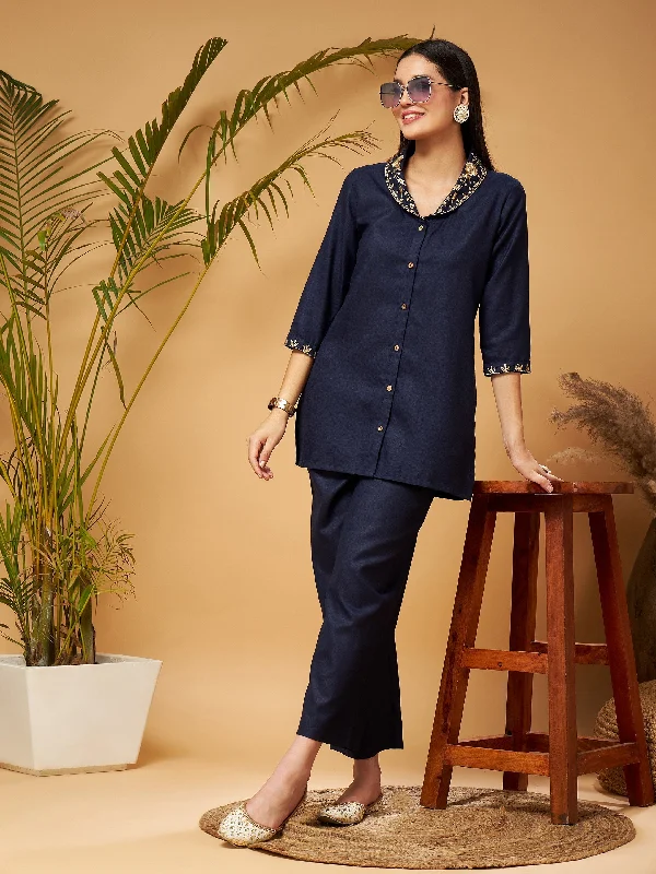 Women Navy Zari Embroidered Shawl Collar Top With Palazzos Fashionable Wool Blend Shawl Women Navy Zari Embroidered Shawl Collar Top With Palazzos Fashionable Wool Blend Shawl