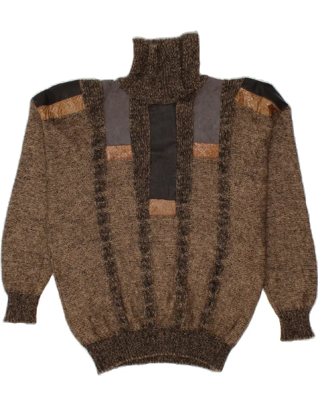 VINTAGE Womens Roll Neck Jumper Sweater EU 46 XL Brown Striped Mohair Front Pockets Side Pockets Patch Pockets