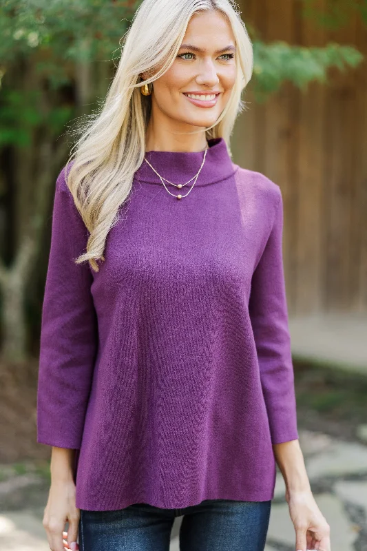 Just A Feeling Plum Purple Mock Neck Sweater Herringbone Houndstooth Plaid