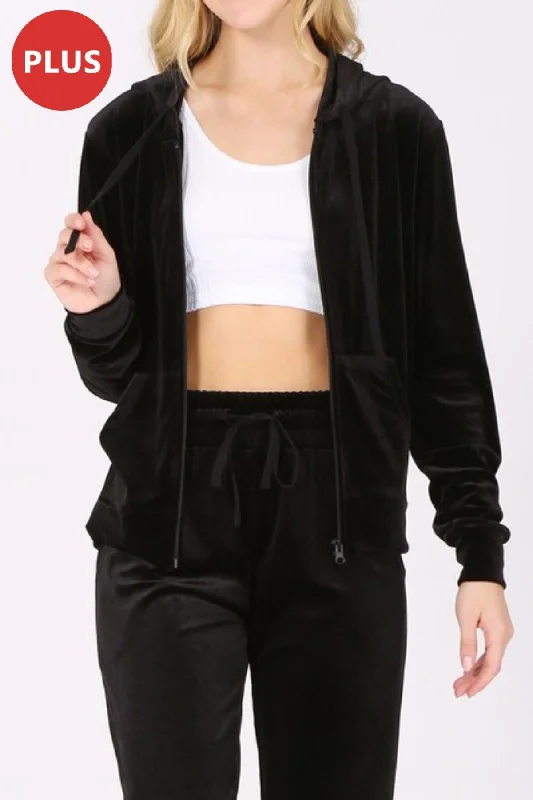 Women's Plus Size Velour Zip Up Hoodie Hoodie with Raw Hem Edgy Unfinished