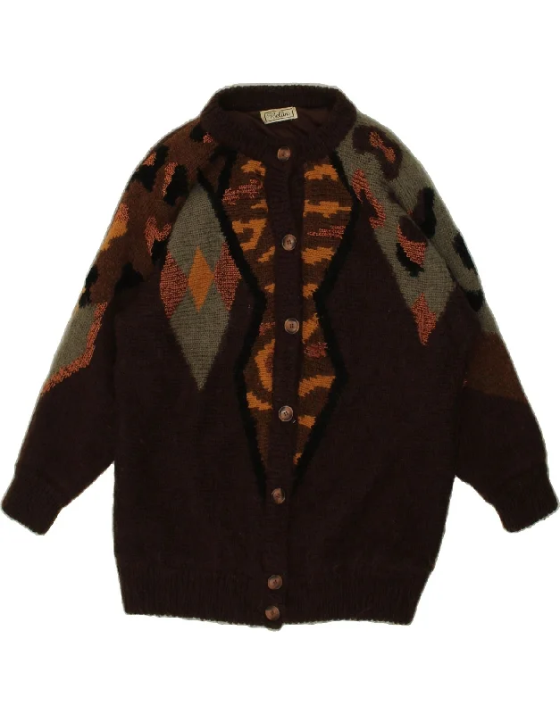 BELLINI Womens Longline Cardigan Sweater UK 20 2XL Brown Argyle/Diamond Collared Crew Neck Turtle Neck