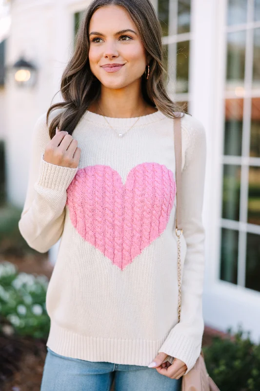 All For Love Oatmeal and Pink Heart Sweater Elasticated Padded Insulated