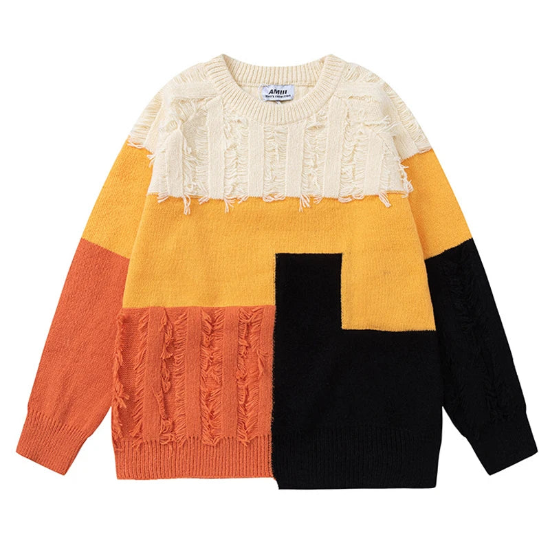 Advbridge Vintage Streetwear Hit Color Simple Broken Irregular Splicing Sweater for Men Oversized O Neck Furry Knitted Pullovers Men Women Lapel Neck Sweater Advbridge Vintage Streetwear Hit Color Simple Broken Irregular Splicing Sweater for Men Oversized O Neck Furry Knitted Pullovers Men Women Lapel Neck Sweater
