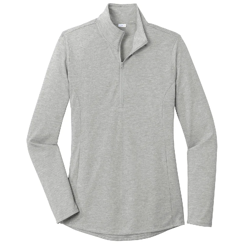 Sport-Tek Women's Light Grey Heather PosiCharge Tri-Blend Wicking 1/4-Zip Pullover Boat Neck Sweater Sport-Tek Women's Light Grey Heather PosiCharge Tri-Blend Wicking 1/4-Zip Pullover Boat Neck Sweater