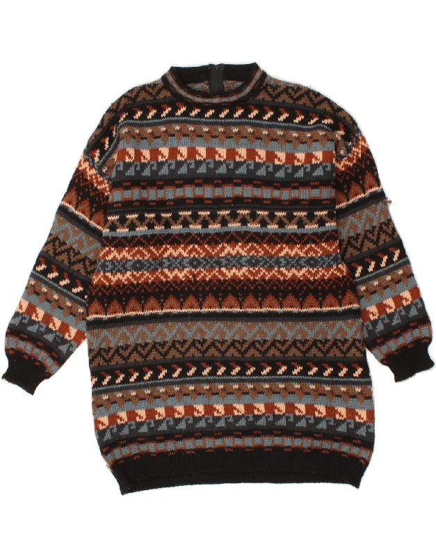 BENETTON Womens Crew Neck Jumper Sweater UK 16 Large Brown Fair Isle Spandex Rayon Corduroy