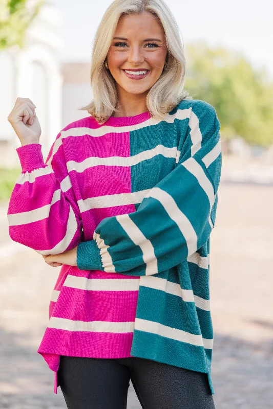 Live It Up Fuchsia/Teal Striped Sweater Lightweight Heavyweight Midweight