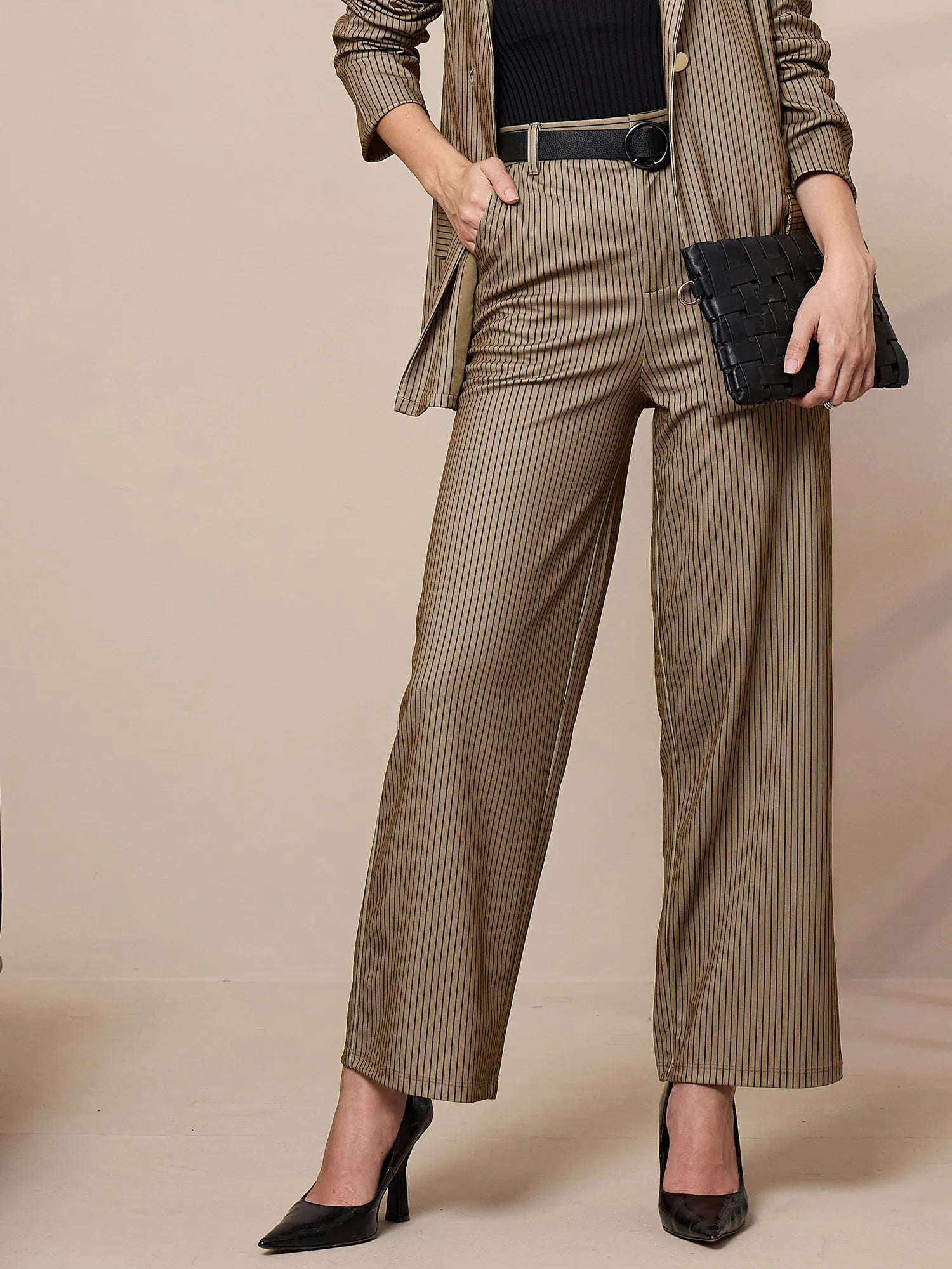 Women Beige Striped Straight Wide Leg Trousers-SFPANT50904 Trousers Sale Discount