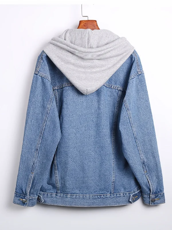 Hoodie Hat Oversized Long Denim Jacket, Flap Pockets Long Sleeve Denim Coat, Women's Denim & Clothing Hoodie with Monochrome Minimalist Simple