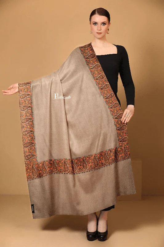 Pashtush Womens Fine Wool Shawl, Kashmiri Embroidery, Challa Daur With Metallic Border Design, Taupe Elegant Knit Shawl Cape