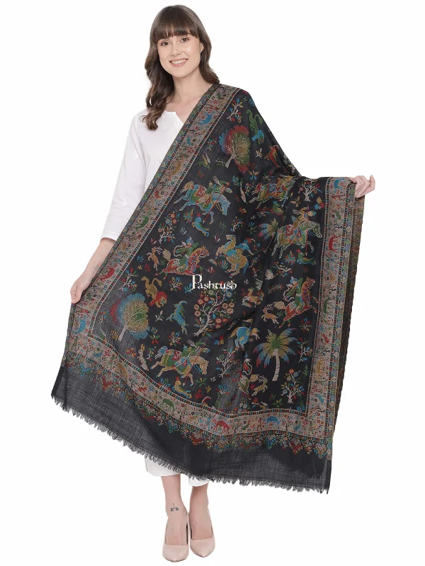 Pashtush Womens Shikaardar Shawl, Pure Wool, With Woolmark Certificate, black Elegant Wool Shawl Cape