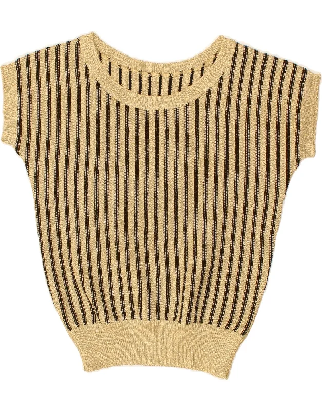 VINTAGE Womens Boat Neck Jumper Sweater UK 10 Small Gold Striped Stylish Fashionable Trendy