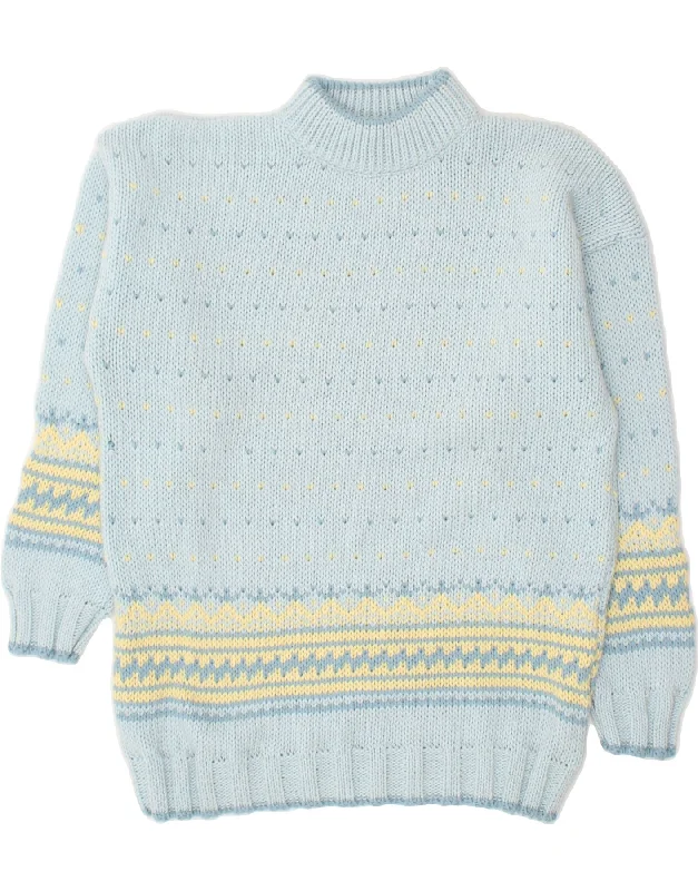 VINTAGE Womens Turtle Neck Jumper Sweater UK 16 Large Blue Fair Isle Wool Soft Cozy Warm