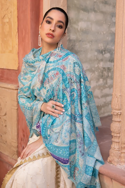 Pashtush Womens Kalamkari Shawl with Hand Embroidered Outline Work, Fine Wool, Samarkand Blue Soft Cashmere Shawl Wrap