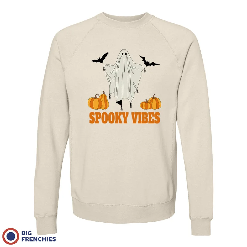 Spooky Vibes With Pumpkin And Ghost Unisex Organic Cotton Sweatshirt Zip Hoodie Drawstring Kangaroo Pocket