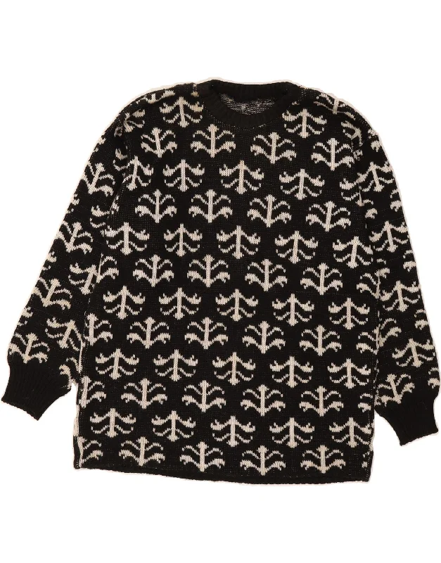 VINTAGE Womens Abstract Pattern Crew Neck Jumper Sweater UK 14 Large Black Handmade Hand-knitted Hand-woven