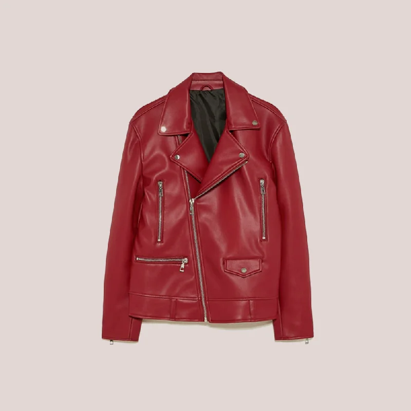 Women's Utility Red Leather Biker Jacket Tiered Jacket Buttoned Jacket Zippered Jacket