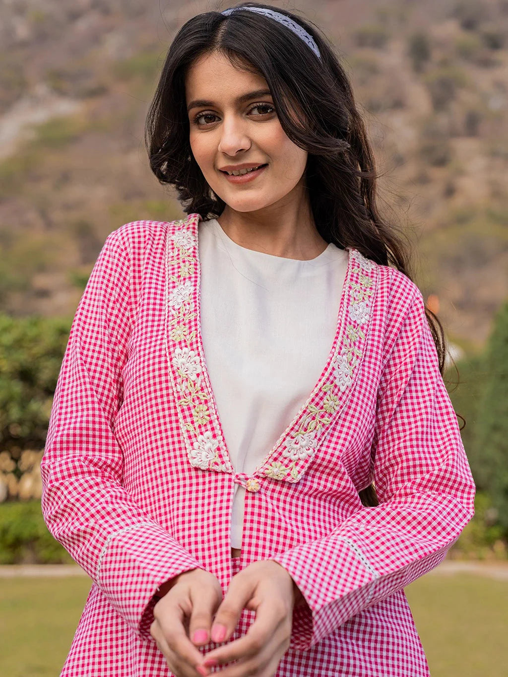Yufta Pink Cotton Checks Print Shawl Neck Co Ord Set With Embroidery Classic Shawl with Tassels Yufta Pink Cotton Checks Print Shawl Neck Co Ord Set With Embroidery Classic Shawl with Tassels