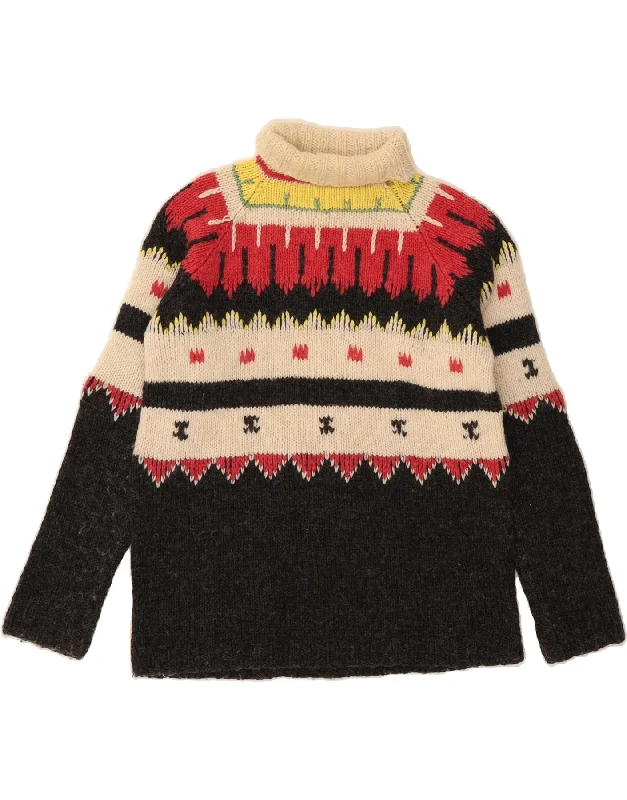 VINTAGE Womens Roll Neck Jumper Sweater UK 12 Medium Black Fair Isle Iron Safe Non-Iron Wrinkle Free