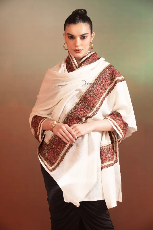 Pashtush Womens Fine Wool Shawl, Kashmiri Border Embroidery With Tilla Design, Ivory Fashionable Wool Blend Shawl