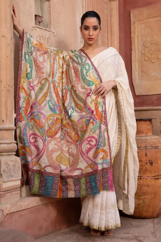 Pashtush Womens Kalamkari Shawl with Hand Embroidered Outline Work, Fine Wool, Shades of Bloom Fashionable Silk Shawl Wrap