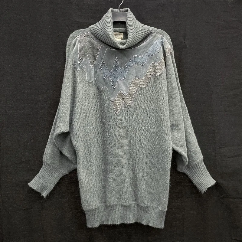 Wmns 80s Vintage Funky Gray Beaded Dolman Sleeve Turtleneck Sweater Sz M Layered Multi-layer Single Layer
