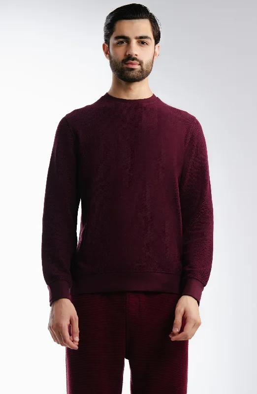 Flat Back Pique Sweatshirt - Burgundy Hoodie with Hem Ribbing Snug Secure