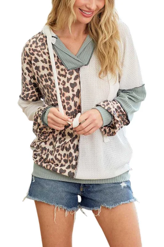 Sage Animal Print Colorblock Hoodie Hoodie with Tied Waist Feminine Flattering