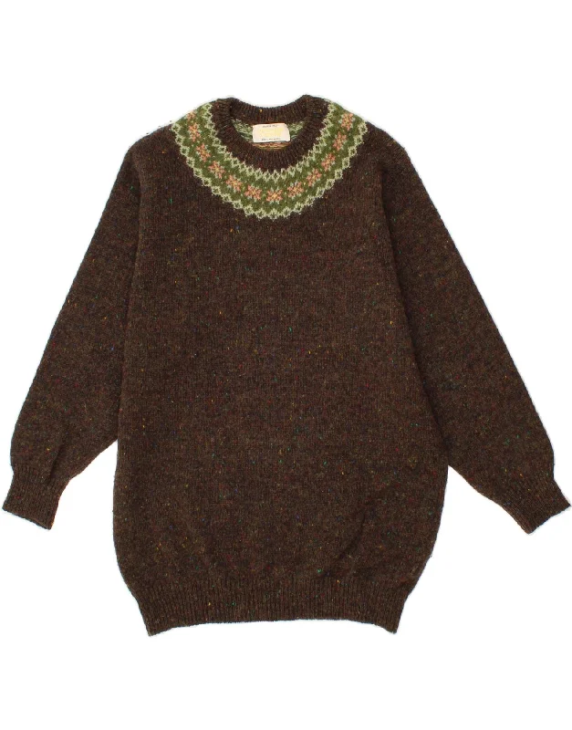 BENETTON Womens Crew Neck Jumper Sweater UK 16 Large Brown Fair Isle Tailored Straight A-Line